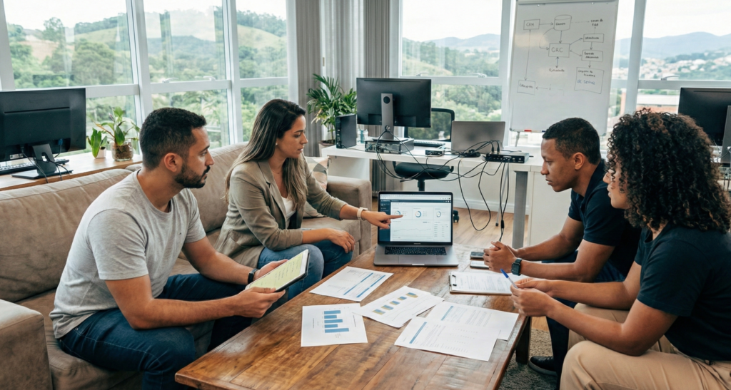 Pessoas discutindo sobre implementação de hubspot